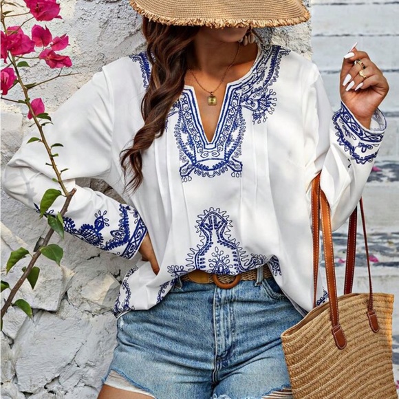 Tops - Boho Plus Size Paisley Print Top Blouse Shirt White Blue